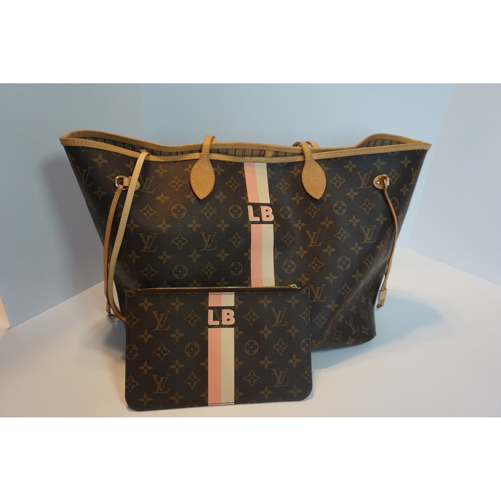 Louis Vuitton Neverfull GM Monogram Tote Pouch Brown Pink LB Initials